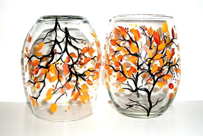 Hand Painted Wine Glasses Fall leaves Autumn Fall Trees Set of Etsy