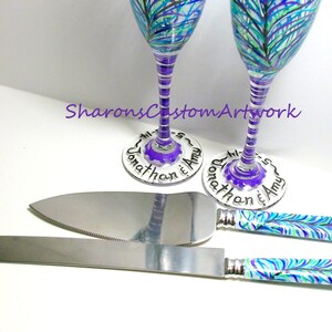 Purple Peacock Feathers 4 Piece Wedding Set 2 6 oz. Hand Painted Champagne Toasting Flutes with Cake Knife & Server Set Peacock Wedding image 5
