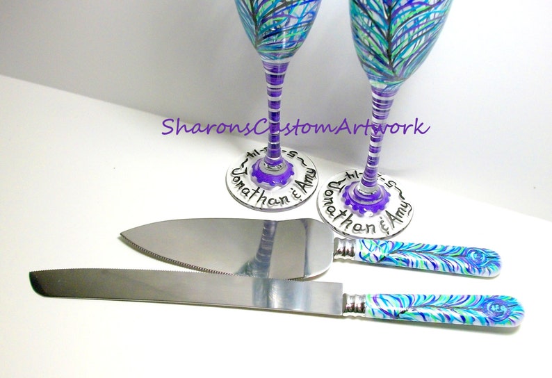 Purple Peacock Feathers 4 Piece Wedding Set 2 6 oz. Hand Painted Champagne Toasting Flutes with Cake Knife & Server Set Peacock Wedding image 5