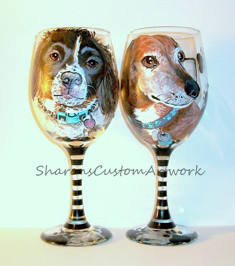 Pet Portrait Hand Painted Wine Glasses Custom Painting of Your Dog Cat Horse Pet On 2 / 20 oz. Wine Glasses Brittany Spaniel, Dachshund image 1