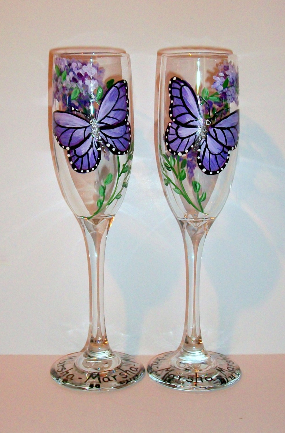 Purple Butterflies and Wisteria Hand Painted Champagne Flutes | Etsy