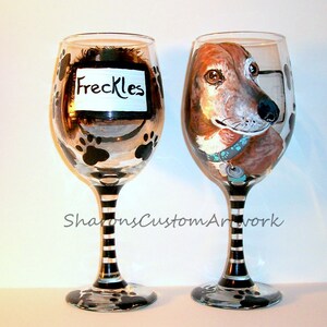 Pet Portrait Hand Painted Wine Glasses Custom Painting of Your Dog Cat Horse Pet On 2 / 20 oz. Wine Glasses Brittany Spaniel, Dachshund image 4