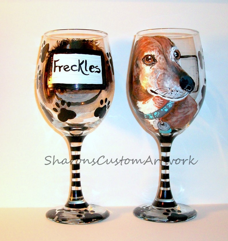 Pet Portrait Hand Painted Wine Glasses Custom Painting of Your Dog Cat Horse Pet On 2 / 20 oz. Wine Glasses Brittany Spaniel, Dachshund image 4