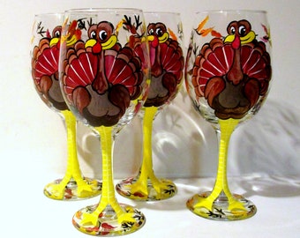 Turkey's Hand Painted Set of 4- 20 oz. Wine Glasses, Thanksgiving Decor, Fall Decor, Autumn Decor, Fall Leaves, Fun Gift, Thanksgiving Day