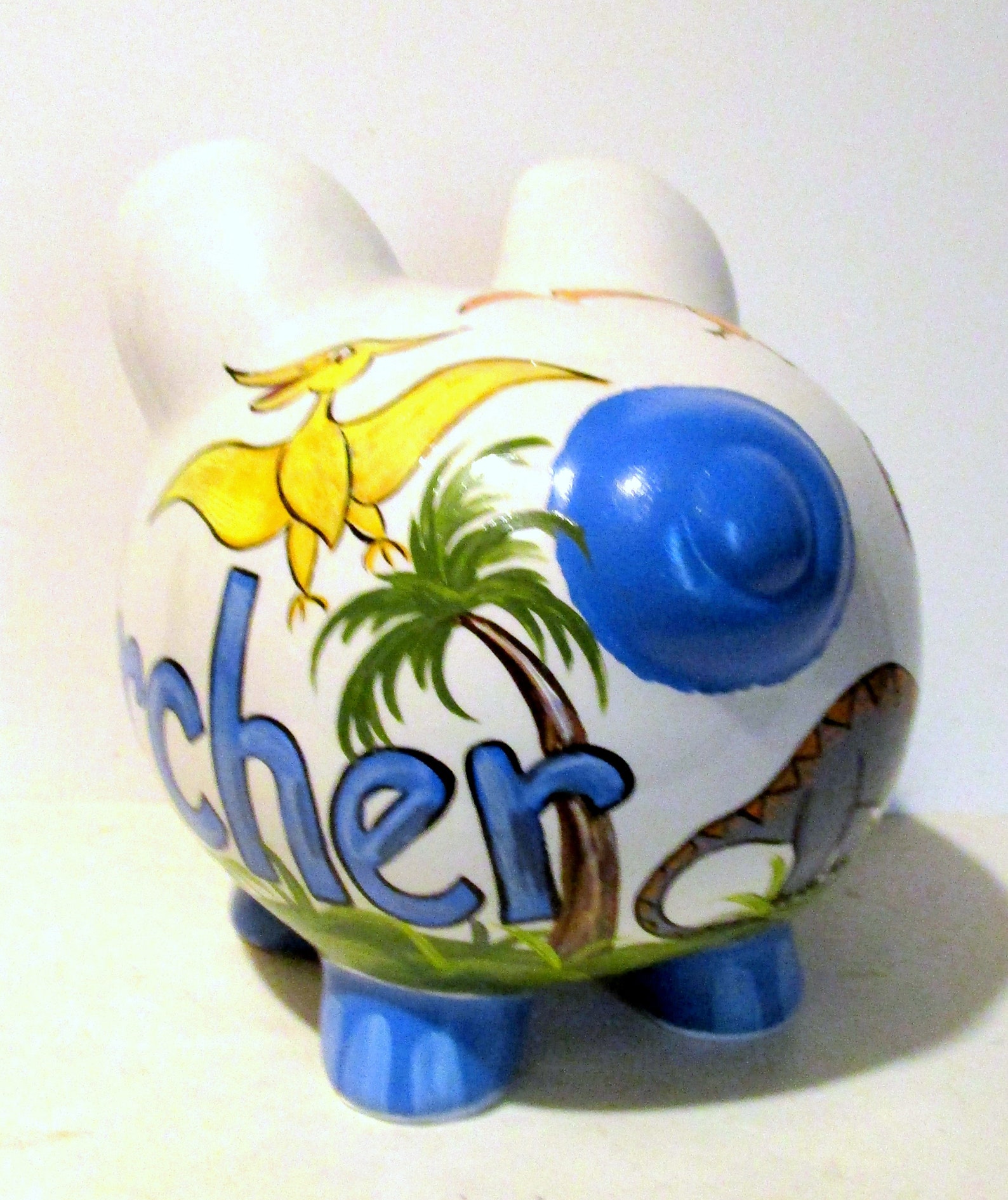 Jumbo Ceramic Piggy Bank Hand Painted Dinosaurs Volcano Etsy