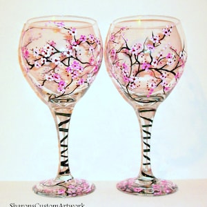 Cherry Blossoms Hand Painted Wine Glasses Set of 2 20 oz Glassware Home Decor Wedding Anniversary Pink Light Pink White Flowers Gift For Her