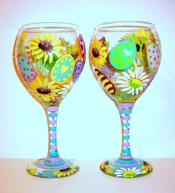 Easter Eggs & Daisie's Hand Painted Wine Glasses Set of 2 Etsy