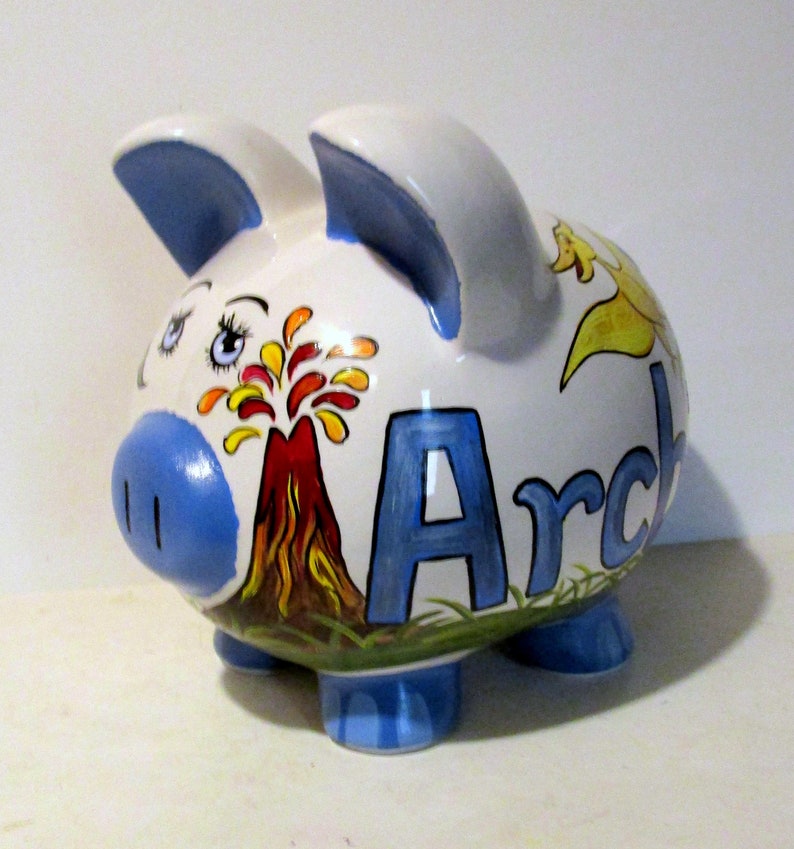 Jumbo Ceramic Piggy Bank Hand Painted Dinosaurs Volcano Etsy