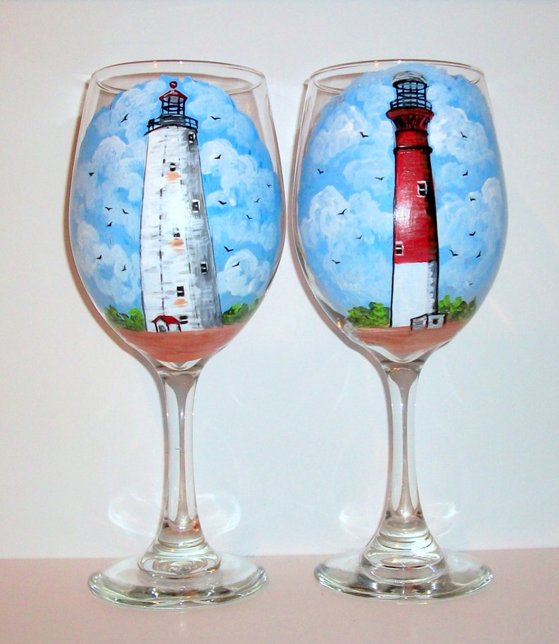 Hand Painted Wine Glasses Lighthouses Set of 2 20 Oz. Wine Etsy
