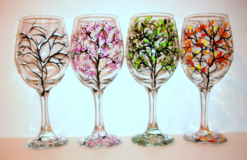 4 Seasons Hand Painted Wine Glasses Set 4 20 Oz Wine Etsy