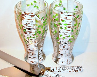 Aspen Trees (Green Leaf ) Heart and Initials Hand Painted Set of 2 -19 oz. Pilsner Beer Glasses and Cake Knife & Server Wedding Anniversary