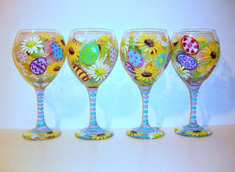 Easter Eggs & Daisies Yellow Sunflowers Hand Painted Easter Wine Glasses Set of 4 20 oz. Red Wine Goblets Daisy Decorated Eggs Easter Gift image 3