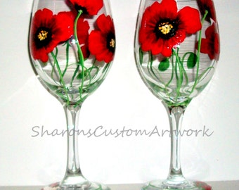 Red Poppies Hand Painted Wine Glasses Set of 2 - 20 oz. Painted Glassware Red Flowers Poppy Wedding Anniversary Valentines Gift Personalized