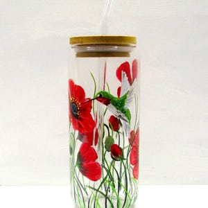 Hand Painted Red Poppies and Humingbird Glass CanTumbler 20 oz. Glass Straw, Bamboo Lid, Beer Can Glass, Iced Coffee Tumbler
