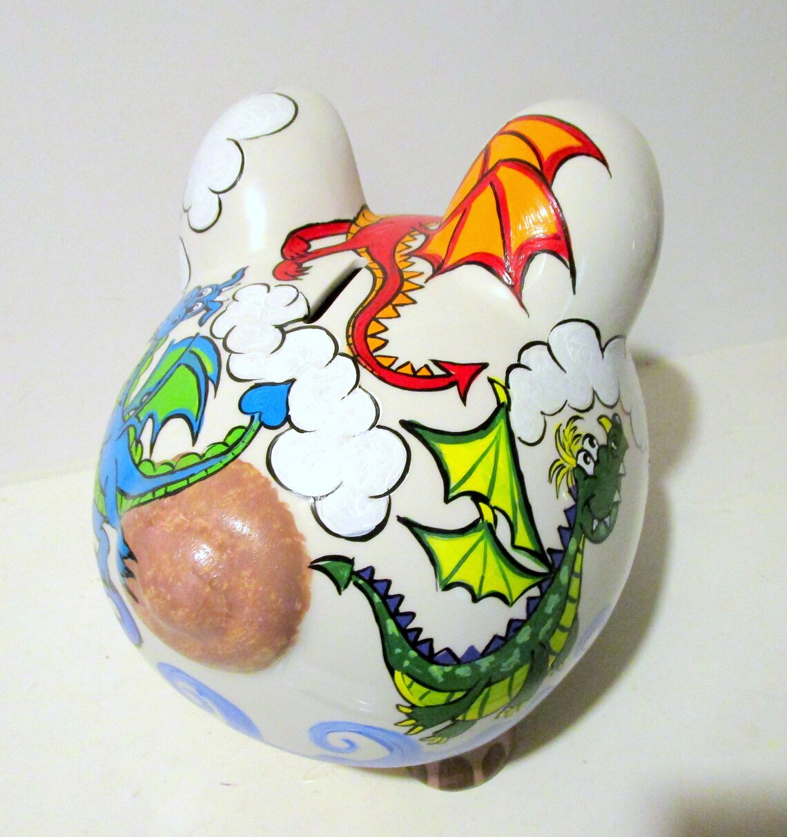 Jumbo Ceramic Piggy Bank Hand Painted Magical Dragons Blue Etsy