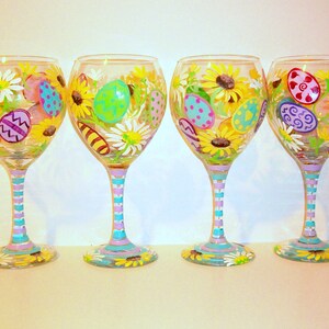 Easter Eggs & Daisies Yellow Sunflowers Hand Painted Easter Wine Glasses Set of 4 20 oz. Red Wine Goblets Daisy Decorated Eggs Easter Gift image 9