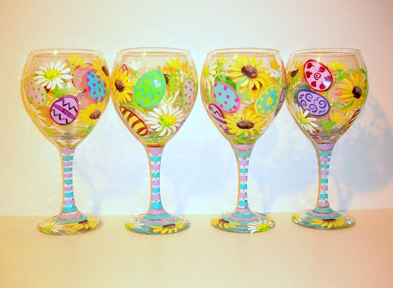 Easter Eggs & Daisies Yellow Sunflowers Hand Painted Easter Wine Glasses Set of 4 20 oz. Red Wine Goblets Daisy Decorated Eggs Easter Gift image 9