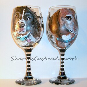 Pet Portrait Hand Painted Wine Glasses Custom Painting of Your Dog Cat Horse Pet On 2 / 20 oz. Wine Glasses Brittany Spaniel, Dachshund image 3