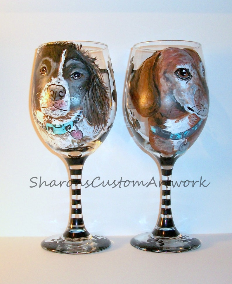 Pet Portrait Hand Painted Wine Glasses Custom Painting of Your Dog Cat Horse Pet On 2 / 20 oz. Wine Glasses Brittany Spaniel, Dachshund image 3