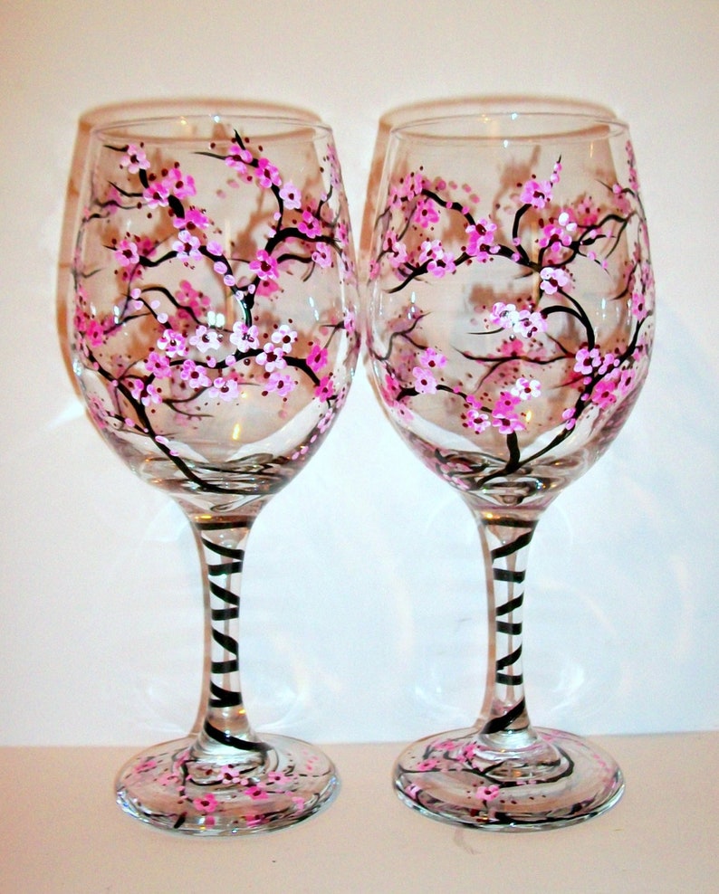 Cherry Blossoms Hand Painted Wine Glasses Set of 2 20 oz. Bridesmaids Gift, Bachelorette, Anniversary, Wedding Gift Maid of Honor Mother image 1