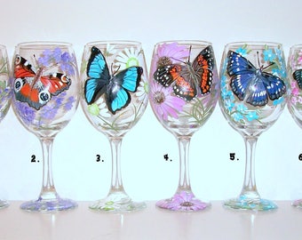 Butterflies and Flowers  ( One Glass ) Hand Painted Wine Glass 1 - 20 oz. Wine Glass Birthday Gift, Wedding Gift, Bridesmaid, Butterfly