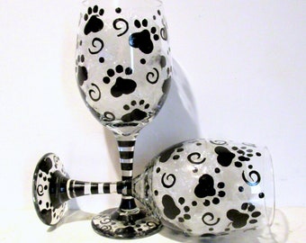 Paw Prints Hand Painted Wine Glasses Set of  2- 20 oz. Wine Glasses Dog Mom Black Paw Prints Dog Lover Pet Gift Birthday Dog Themed Gift