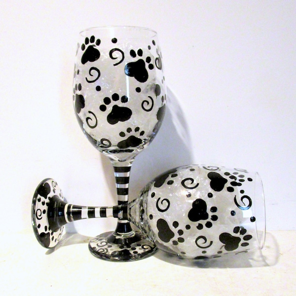 Paw Prints Hand Painted Wine Glasses Set of  2- 20 oz. Wine Glasses Dog Mom Black Paw Prints Dog Lover Pet Gift Birthday Dog Themed Gift