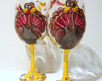 Turkey Hand Painted Wine Glasses Thanksgiving Decor, Fall Decor, Autumn Decor, Funny Wine Glasses, Fall Leaves, Fun Gift Thanksgiving Day