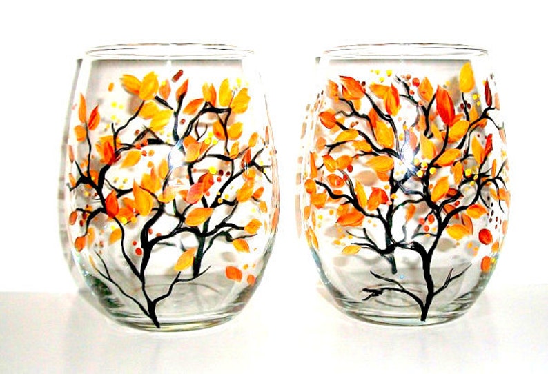 Hand Painted Wine Glasses Fall leaves Autumn Fall Trees Set of Etsy