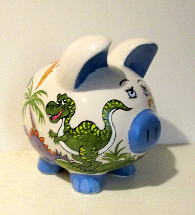 Jumbo Ceramic Piggy Bank Hand Painted Dinosaurs Volcano Etsy