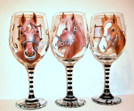 Custom Horse Portraits Set of 3 Hand Painted Wine Glasses Your Pet Horse Pony Donkey Mule Horse Portrait Horse Shoes Gift Horse Lover