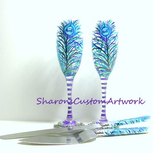 Purple Peacock Feathers 4 Piece Wedding Set 2 6 oz. Hand Painted Champagne Toasting Flutes with Cake Knife & Server Set Peacock Wedding image 4