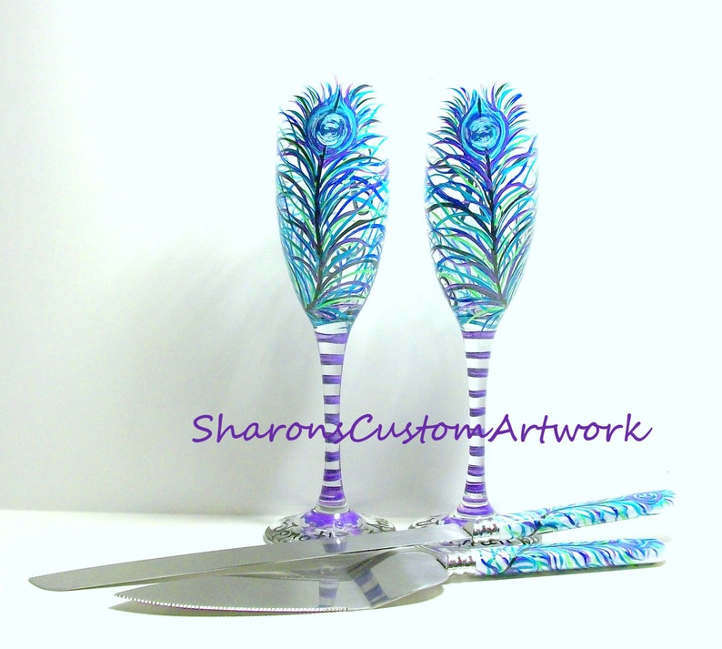 Purple Peacock Feathers 4 Piece Wedding Set 2 6 oz. Hand Painted Champagne Toasting Flutes with Cake Knife & Server Set Peacock Wedding image 4