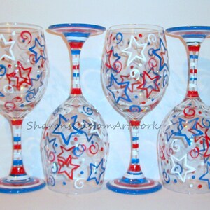 July Fourth, Patriotic New Years Eve Stars & Stripes Red White and Blue Independence Day Set of 4 20 oz. Hand Painted Wine Glasses image 6