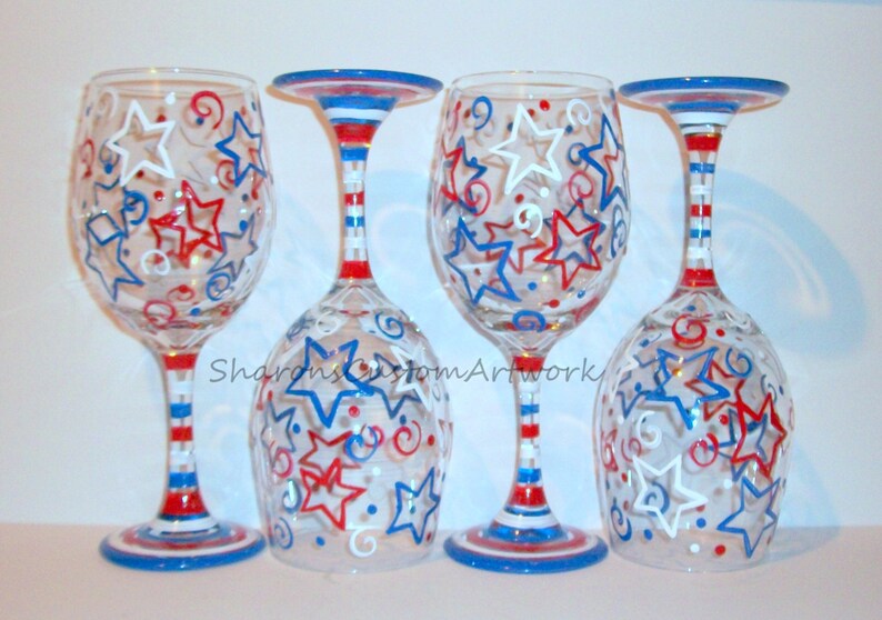 July Fourth, Patriotic New Years Eve Stars & Stripes Red White and Blue Independence Day Set of 4 20 oz. Hand Painted Wine Glasses image 6