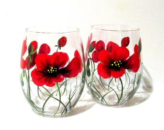Red Poppies, Red Flowers - Hand Painted Stemless Wine Glasses Set of 2 / 21 oz. Poppy Glassware Valentines Day Mothers Day Gift Sister Gift