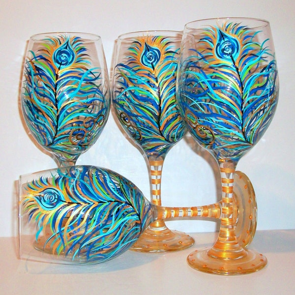 Peacock Feather Hand Painted Wine Glasses Wedding Bridesmaids Gifts Set of 4 White Wine Glasses Gold Accents Teals Light Teals Blues Green