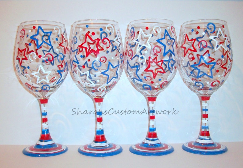 July Fourth, Patriotic New Years Eve Stars & Stripes Red White and Blue Independence Day Set of 4 20 oz. Hand Painted Wine Glasses image 2