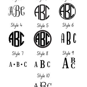 Könnte beinhalten: Das Bild zeigt zehn verschiedene Monogramm-Stile, die jeweils die Buchstaben "ABC" in verschiedenen Schriftarten und Designs verwenden. Die Stile reichen von klassisch bis dekorativ, mit dem Text "Monogram Styles" oben.