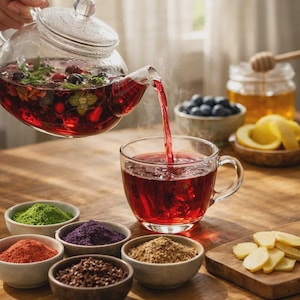 Puede incluir: Una tetera de vidrio vierte té rojo en una taza de vidrio transparente. El té está rodeado de ingredientes como arándanos, miel, rodajas de limón y pequeños cuencos con polvos de colores. La escena está ambientada en una mesa de madera.