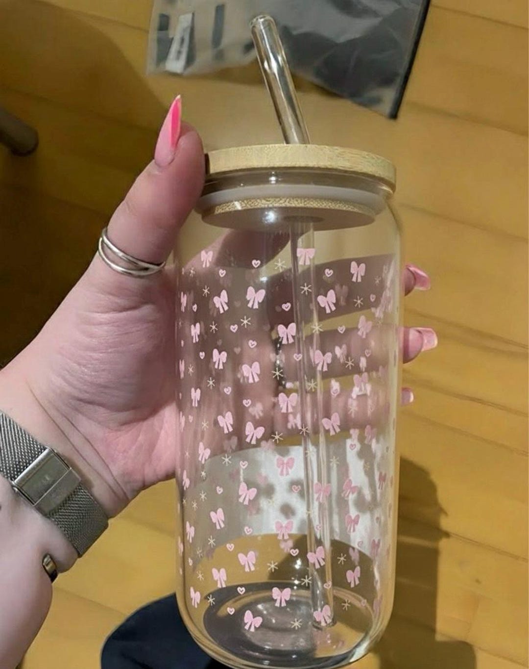 Pink Bow Glass Cup With Lid and Straw, Cute Girly Iced Coffee Glass Cup ...