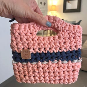 Bolso de paseo de crochet rosa y azul | Cinta de algodón - Bolso de verano hecho a mano | Colores a petición | Regalo para mujer