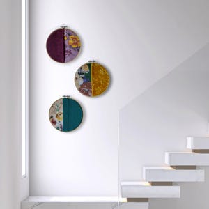 Set of 3 wall hanging hoop art – Velvet and printed fabric wall art, modern soft textile decor, cottagecore handcrafted wall accent