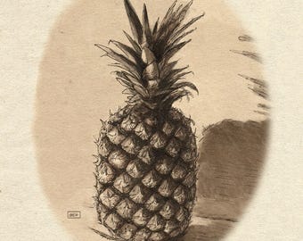 Timeless Sepia Pineapple Artwork - Kitchen Wall Print - Pen & Ink Illustration - Chef&#39;s Favorite
