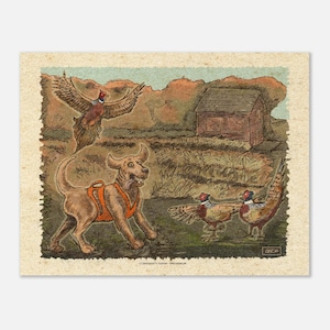 La caza del faisán: un cambio radical - Póster retro de Dakota del Sur - Decoración de pared hecha a mano para amantes de la naturaleza y los perros