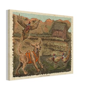 Caza de faisanes con un cambio de rumbo - Lienzo retro de Dakota del Sur - Decoración de pared hecha a mano para amantes de la naturaleza y los perros