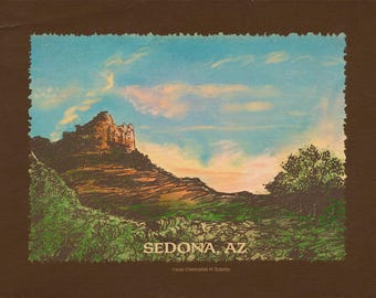 Sedona Arizona Vintage Park Poster - Butte At Sunset - Pen and Ink Drawing | Art Print
