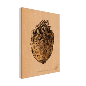 Peut inclure: Impression sur toile représentant un cœur humain dessiné à l'encre de Chine. L'œuvre est en nuances de marron et de noir, avec un aspect texturé. L'impression est montée sur un cadre en bois avec un bord blanc. La signature et la date de l'artiste sont visibles.