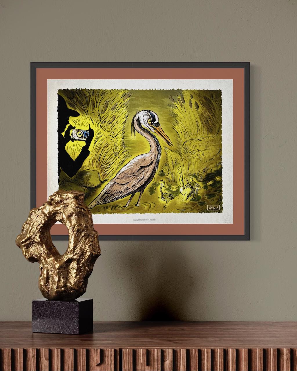 Whimsical Marsh Harmony: Blue Heron & Bull Frog Illustration | Unique Bird Watcher Gift