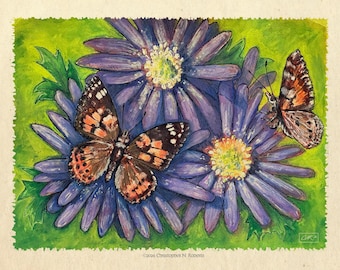Beau papillon de nuit sur asters violets - Aquarelle de papillons et de fleurs | Impression artistique